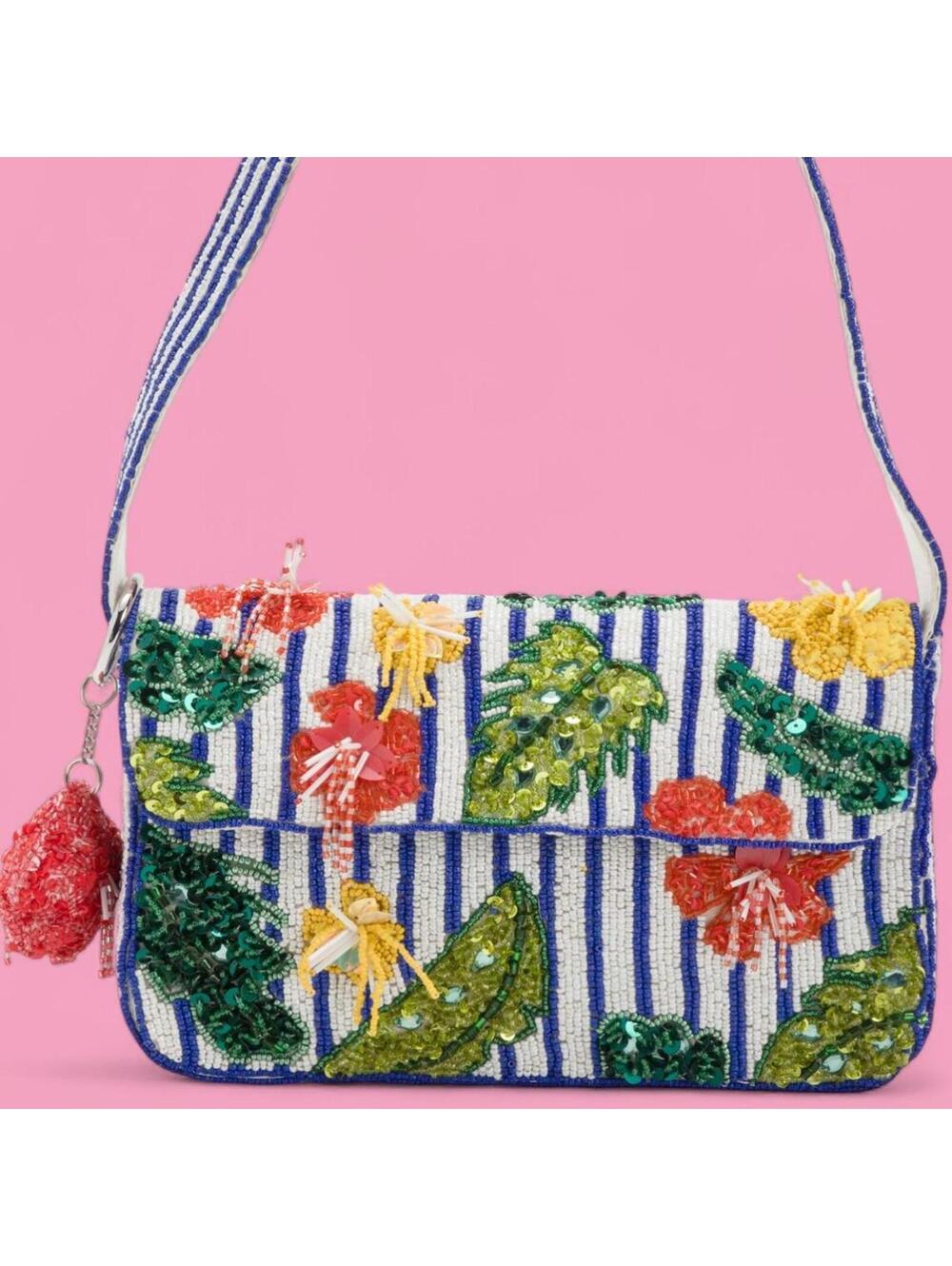 TikTok Viral Hibiscus Leaves Sequin Blue Striped Beaded Bag